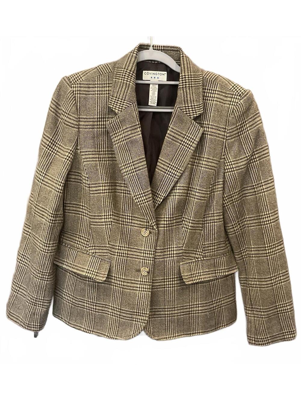 Covington Womens Brown Plaid Suit Jacket 2 Button Size M (10-12)